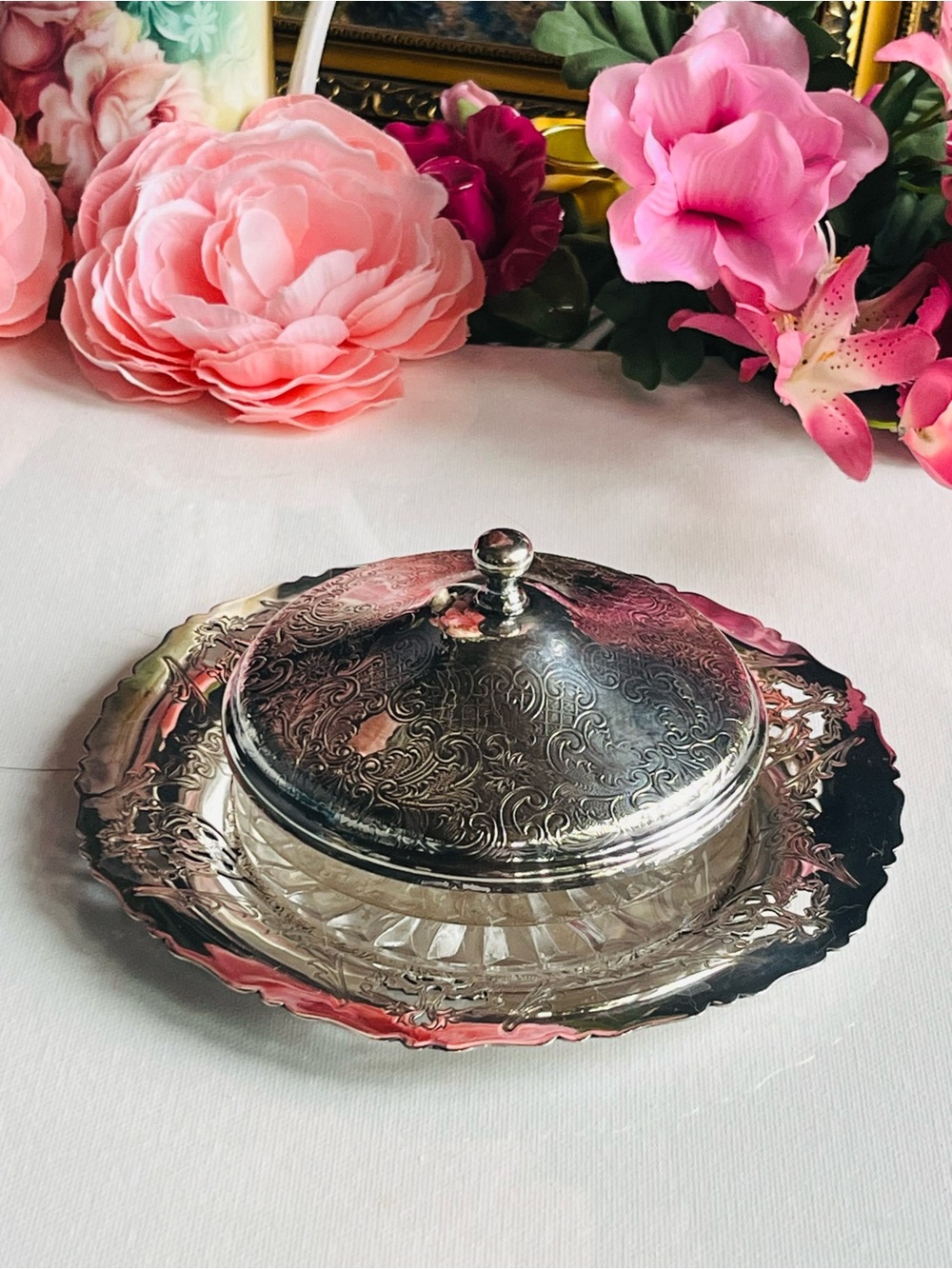 Vintage Essay Canada Ornate Silver Plate & Glass Butter Dish - 3 Piece Set